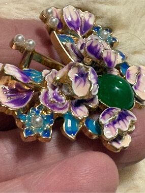Floral Enamel Butterfly Brooch with Green Cabochon - Purple & Gold Accent
